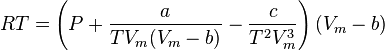 RT=\left(P+{\frac  {a}{TV_{m}(V_{m}-b)}}-{\frac  {c}{T^{2}V_{m}^{3}}}\right)(V_{m}-b)