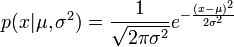 p(x|\mu ,\sigma ^{2})={\frac  {1}{{\sqrt  {2\pi \sigma ^{2}}}}}e^{{-{\frac  {(x-\mu )^{2}}{2\sigma ^{2}}}}}