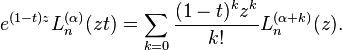 e^{{(1-t)z}}L_{n}^{{(\alpha )}}(zt)=\sum _{{k=0}}{\frac  {(1-t)^{k}z^{k}}{k!}}L_{n}^{{(\alpha +k)}}(z).