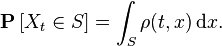 {\mathbf  {P}}\left[X_{t}\in S\right]=\int _{{S}}\rho (t,x)\,{\mathrm  {d}}x.