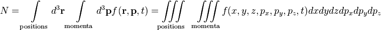 N=\int \limits _{{\mathrm  {positions}}}d^{3}{\mathbf  {r}}\int \limits _{{\mathrm  {momenta}}}d^{3}{\mathbf  {p}}f({\mathbf  {r}},{\mathbf  {p}},t)=\iiint \limits _{{\mathrm  {positions}}}\quad \iiint \limits _{{\mathrm  {momenta}}}f(x,y,z,p_{x},p_{y},p_{z},t)dxdydzdp_{x}dp_{y}dp_{z}