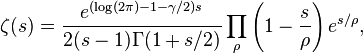 \zeta (s)={\frac  {e^{{(\log(2\pi )-1-\gamma /2)s}}}{2(s-1)\Gamma (1+s/2)}}\prod _{\rho }\left(1-{\frac  {s}{\rho }}\right)e^{{s/\rho }},\!