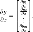 {\frac  {\partial {\mathbf  {y}}}{\partial x}}={\begin{bmatrix}{\frac  {\partial y_{1}}{\partial x}}\\{\frac  {\partial y_{2}}{\partial x}}\\\vdots \\{\frac  {\partial y_{m}}{\partial x}}\\\end{bmatrix}}.