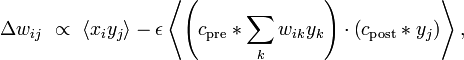 \Delta w_{{ij}}~\propto ~\langle x_{i}y_{j}\rangle -\epsilon \left\langle \left(c_{{\mathrm  {pre}}}*\sum _{k}w_{{ik}}y_{k}\right)\cdot \left(c_{{\mathrm  {post}}}*y_{j}\right)\right\rangle ,