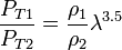 {\frac  {P_{{T1}}}{P_{{T2}}}}={\frac  {\rho _{1}}{\rho _{2}}}\lambda ^{{3.5}}