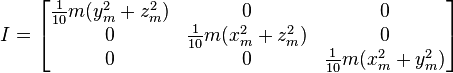 I={\begin{bmatrix}{\frac  {1}{10}}m(y_{m}^{2}+z_{m}^{2})&0&0\\0&{\frac  {1}{10}}m(x_{m}^{2}+z_{m}^{2})&0\\0&0&{\frac  {1}{10}}m(x_{m}^{2}+y_{m}^{2})\end{bmatrix}}