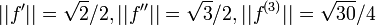 ||f'||={\sqrt  {2}}/2,||f''||={\sqrt  {3}}/2,||f^{{(3)}}||={\sqrt  {30}}/4