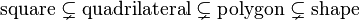 {\text{square}}\subsetneq {\text{quadrilateral}}\subsetneq {\text{polygon}}\subsetneq {\text{shape}}\,