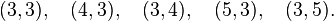 (3,3),\quad (4,3),\quad (3,4),\quad (5,3),\quad (3,5).