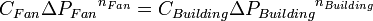 C_{{Fan}}{{\Delta }P_{{Fan}}}^{{n_{{Fan}}}}=C_{{Building}}{{\Delta }P_{{Building}}}^{{n_{{Building}}}}\,\!