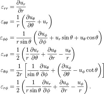 {\begin{aligned}\varepsilon _{{rr}}&={\frac  {\partial u_{r}}{\partial r}}\\\varepsilon _{{\theta \theta }}&={\frac  {1}{r}}\left({\frac  {\partial u_{\theta }}{\partial \theta }}+u_{r}\right)\\\varepsilon _{{\phi \phi }}&={\frac  {1}{r\sin \theta }}\left({\frac  {\partial u_{\phi }}{\partial \phi }}+u_{r}\sin \theta +u_{\theta }\cos \theta \right)\\\varepsilon _{{r\theta }}&={\frac  {1}{2}}\left({\frac  {1}{r}}{\frac  {\partial u_{r}}{\partial \theta }}+{\frac  {\partial u_{\theta }}{\partial r}}-{\frac  {u_{\theta }}{r}}\right)\\\varepsilon _{{\theta \phi }}&={\frac  {1}{2r}}\left[{\frac  {1}{\sin \theta }}{\frac  {\partial u_{\theta }}{\partial \phi }}+\left({\frac  {\partial u_{\phi }}{\partial \theta }}-u_{\phi }\cot \theta \right)\right]\\\varepsilon _{{r\phi }}&={\frac  {1}{2}}\left({\frac  {1}{r\sin \theta }}{\frac  {\partial u_{r}}{\partial \phi }}+{\frac  {\partial u_{\phi }}{\partial r}}-{\frac  {u_{\phi }}{r}}\right).\end{aligned}}