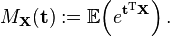 M_{{{\mathbf  X}}}({\mathbf  t}):={\mathbb  {E}}\!\left(e^{{{\mathbf  t}^{{\mathrm  T}}{\mathbf  X}}}\right).