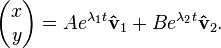 {\begin{pmatrix}x\\y\end{pmatrix}}=Ae^{{\lambda _{1}t}}{\mathbf  {{\hat  {v}}}}_{1}+Be^{{\lambda _{2}t}}{\mathbf  {{\hat  {v}}}}_{2}.