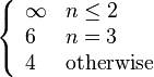 \left\{{\begin{array}{ll}\infty &n\leq 2\\6&n=3\\4&{\text{otherwise}}\end{array}}\right.