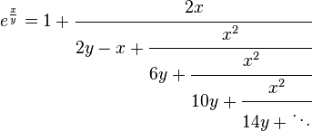 e^{{\frac  {x}{y}}}=1+{\cfrac  {2x}{2y-x+{\cfrac  {x^{2}}{6y+{\cfrac  {x^{2}}{10y+{\cfrac  {x^{2}}{14y+\ddots }}}}}}}}