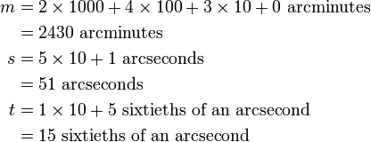 {\begin{aligned}m&=2\times 1000+4\times 100+3\times 10+0{\text{ arcminutes}}\\&=2430{\text{ arcminutes}}\\s&=5\times 10+1{\text{ arcseconds}}\\&=51{\text{ arcseconds}}\\t&=1\times 10+5{\text{ sixtieths of an arcsecond}}\\&=15{\text{ sixtieths of an arcsecond}}\end{aligned}}