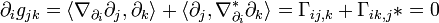 \partial _{i}g_{{jk}}=\langle \nabla _{{\partial _{i}}}\partial _{j},\partial _{k}\rangle +\langle \partial _{j},\nabla _{{\partial _{i}}}^{*}\partial _{k}\rangle =\Gamma _{{ij,k}}+\Gamma _{{ik,j}}*=0