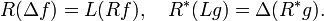 R(\Delta f)=L(Rf),\quad R^{*}(Lg)=\Delta (R^{*}g).