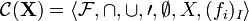 {\mathcal  {C}}({\mathbf  {X}})=\langle {\mathcal  {F}},\cap ,\cup ,\prime ,\emptyset ,X,(f_{i})_{I}\rangle 