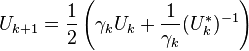 U_{{k+1}}={\frac  12}\left(\gamma _{k}U_{k}+{\frac  1{\gamma _{k}}}(U_{k}^{*})^{{-1}}\right)