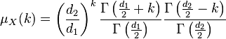 \mu _{{X}}(k)=\left({\frac  {d_{{2}}}{d_{{1}}}}\right)^{{k}}{\frac  {\Gamma \left({\tfrac  {d_{1}}{2}}+k\right)}{\Gamma \left({\tfrac  {d_{1}}{2}}\right)}}{\frac  {\Gamma \left({\tfrac  {d_{2}}{2}}-k\right)}{\Gamma \left({\tfrac  {d_{2}}{2}}\right)}}