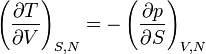 ~\left({\partial T \over \partial V}\right)_{{S,N}}=-\left({\partial p \over \partial S}\right)_{{V,N}}~