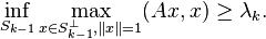 \inf _{{S_{{k-1}}}}\max _{{x\in S_{{k-1}}^{{\perp }},\|x\|=1}}(Ax,x)\geq \lambda _{k}.