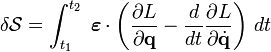 \delta {\mathcal  {S}}=\int _{{t_{1}}}^{{t_{2}}}\;{\boldsymbol  \varepsilon }\cdot \left({\frac  {\partial L}{\partial {\mathbf  {q}}}}-{\frac  {d}{dt}}{\frac  {\partial L}{\partial {\dot  {{\mathbf  {q}}}}}}\right)\,dt