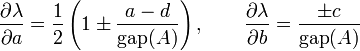 {\frac  {\partial \lambda }{\partial a}}={\frac  {1}{2}}\left(1\pm {\frac  {a-d}{{{\rm {gap}}}(A)}}\right),\qquad {\frac  {\partial \lambda }{\partial b}}={\frac  {\pm c}{{{\rm {gap}}}(A)}}