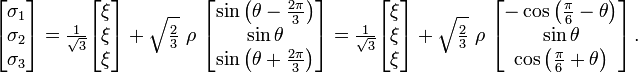 {\begin{bmatrix}\sigma _{1}\\\sigma _{2}\\\sigma _{3}\end{bmatrix}}={\tfrac  {1}{{\sqrt  {3}}}}{\begin{bmatrix}\xi \\\xi \\\xi \end{bmatrix}}+{\sqrt  {{\tfrac  {2}{3}}}}~\rho ~{\begin{bmatrix}\sin \left(\theta -{\tfrac  {2\pi }{3}}\right)\\\sin \theta \\\sin \left(\theta +{\tfrac  {2\pi }{3}}\right)\end{bmatrix}}={\tfrac  {1}{{\sqrt  {3}}}}{\begin{bmatrix}\xi \\\xi \\\xi \end{bmatrix}}+{\sqrt  {{\tfrac  {2}{3}}}}~\rho ~{\begin{bmatrix}-\cos \left({\tfrac  {\pi }{6}}-\theta \right)\\\sin \theta \\\cos \left({\tfrac  {\pi }{6}}+\theta \right)\end{bmatrix}}\,.