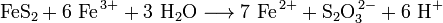 {\mathrm  {FeS_{2}+6\ Fe^{{\,3+}}+3\ H_{2}O\longrightarrow 7\ Fe^{{\,2+}}+S_{2}O_{3}^{{\,2-}}+6\ H^{+}}}