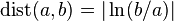 \operatorname {dist}(a,b)=|\ln(b/a)|