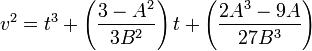 v^{2}=t^{3}+\left({\frac  {3-A^{2}}{3B^{2}}}\right)t+\left({\frac  {2A^{3}-9A}{27B^{3}}}\right)