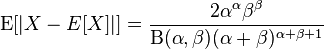 \operatorname {E}[|X-E[X]|]={\frac  {2\alpha ^{{\alpha }}\beta ^{{\beta }}}{\mathrm{B} (\alpha ,\beta )(\alpha +\beta )^{{\alpha +\beta +1}}}}