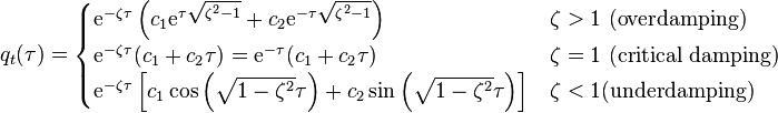 q_{t}(\tau )={\begin{cases}{\mathrm  {e}}^{{-\zeta \tau }}\left(c_{1}{\mathrm  {e}}^{{\tau {\sqrt  {\zeta ^{2}-1}}}}+c_{2}{\mathrm  {e}}^{{-\tau {\sqrt  {\zeta ^{2}-1}}}}\right)&\zeta >1{\text{ (overdamping)}}\\{\mathrm  {e}}^{{-\zeta \tau }}(c_{1}+c_{2}\tau )={\mathrm  {e}}^{{-\tau }}(c_{1}+c_{2}\tau )&\zeta =1{\text{ (critical damping)}}\\{\mathrm  {e}}^{{-\zeta \tau }}\left[c_{1}\cos \left({\sqrt  {1-\zeta ^{2}}}\tau \right)+c_{2}\sin \left({\sqrt  {1-\zeta ^{2}}}\tau \right)\right]&\zeta <1{\text{(underdamping)}}\end{cases}}