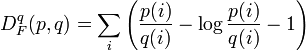 D_{F}^{q}(p,q)=\sum _{i}\left({\frac  {p(i)}{q(i)}}-\log {\frac  {p(i)}{q(i)}}-1\right)