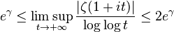 e^{\gamma }\leq \limsup _{{t\rightarrow +\infty }}{\frac  {|\zeta (1+it)|}{\log \log t}}\leq 2e^{\gamma }