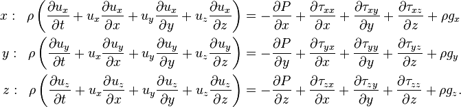 {\begin{aligned}x:\;\;\rho \left({\frac  {\partial u_{x}}{\partial t}}+u_{x}{\frac  {\partial u_{x}}{\partial x}}+u_{y}{\frac  {\partial u_{x}}{\partial y}}+u_{z}{\frac  {\partial u_{x}}{\partial z}}\right)&=-{\frac  {\partial P}{\partial x}}+{\frac  {\partial \tau _{{xx}}}{\partial x}}+{\frac  {\partial \tau _{{xy}}}{\partial y}}+{\frac  {\partial \tau _{{xz}}}{\partial z}}+\rho g_{x}\\y:\;\;\rho \left({\frac  {\partial u_{y}}{\partial t}}+u_{x}{\frac  {\partial u_{y}}{\partial x}}+u_{y}{\frac  {\partial u_{y}}{\partial y}}+u_{z}{\frac  {\partial u_{y}}{\partial z}}\right)&=-{\frac  {\partial P}{\partial y}}+{\frac  {\partial \tau _{{yx}}}{\partial x}}+{\frac  {\partial \tau _{{yy}}}{\partial y}}+{\frac  {\partial \tau _{{yz}}}{\partial z}}+\rho g_{y}\\z:\;\;\rho \left({\frac  {\partial u_{z}}{\partial t}}+u_{x}{\frac  {\partial u_{z}}{\partial x}}+u_{y}{\frac  {\partial u_{z}}{\partial y}}+u_{z}{\frac  {\partial u_{z}}{\partial z}}\right)&=-{\frac  {\partial P}{\partial z}}+{\frac  {\partial \tau _{{zx}}}{\partial x}}+{\frac  {\partial \tau _{{zy}}}{\partial y}}+{\frac  {\partial \tau _{{zz}}}{\partial z}}+\rho g_{z}.\end{aligned}}