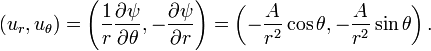 (u_{r},u_{\theta })=\left({\frac  {1}{r}}{\partial \psi  \over \partial \theta },-{\partial \psi  \over \partial r}\right)=\left(-{\frac  {A}{r^{2}}}\cos \theta ,-{\frac  {A}{r^{2}}}\sin \theta \right).