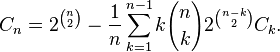 C_{n}=2^{{n \choose 2}}-{\frac  {1}{n}}\sum _{{k=1}}^{{n-1}}k{n \choose k}2^{{n-k \choose 2}}C_{k}.