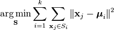 {\underset  {{\mathbf  {S}}}{\operatorname {arg\,min}}}\sum _{{i=1}}^{{k}}\sum _{{{\mathbf  x}_{j}\in S_{i}}}\left\|{\mathbf  x}_{j}-{\boldsymbol  \mu }_{i}\right\|^{2}