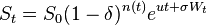 S_{t}=S_{0}(1-\delta )^{{n(t)}}e^{{ut+\sigma W_{t}}}