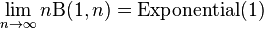 \lim _{{n\to \infty }}n\mathrm{B} (1,n)={{\rm {{\textrm  {Exponential}}}}}(1)