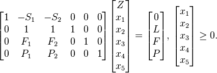 {\begin{bmatrix}1&-S_{1}&-S_{2}&0&0&0\\0&1&1&1&0&0\\0&F_{1}&F_{2}&0&1&0\\0&P_{1}&P_{2}&0&0&1\\\end{bmatrix}}{\begin{bmatrix}Z\\x_{1}\\x_{2}\\x_{3}\\x_{4}\\x_{5}\end{bmatrix}}={\begin{bmatrix}0\\L\\F\\P\end{bmatrix}},\,{\begin{bmatrix}x_{1}\\x_{2}\\x_{3}\\x_{4}\\x_{5}\end{bmatrix}}\geq 0.