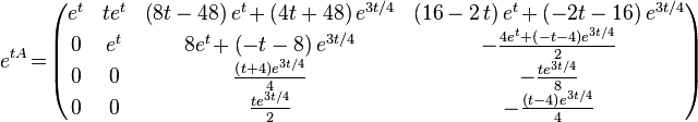 {e}^{{tA}}\!=\!{\begin{pmatrix}{e}^{{t}}&t{e}^{{t}}&\left(8t-48\right){e}^{{t}}\!+\left(4t+48\right){e}^{{3t/4}}&\left(16-2\,t\right){e}^{{t}}\!+\left(-2t-16\right){e}^{{3t/4}}\\0&{e}^{{t}}&8{e}^{{t}}\!+\left(-t-8\right){e}^{{3t/4}}&-{\frac  {4{e}^{{t}}+\left(-t-4\right){e}^{{3t/4}}}{2}}\\0&0&{\frac  {\left(t+4\right){e}^{{3t/4}}}{4}}&-{\frac  {t{e}^{{3t/4}}}{8}}\\0&0&{\frac  {t{e}^{{3t/4}}}{2}}&-{\frac  {\left(t-4\right){e}^{{3t/4}}}{4}}\end{pmatrix}}