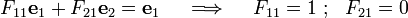 F_{{11}}{\mathbf  {e}}_{1}+F_{{21}}{\mathbf  {e}}_{2}={\mathbf  {e}}_{1}\quad \implies \quad F_{{11}}=1~;~~F_{{21}}=0