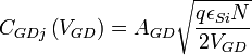 C_{{GDj}}\left(V_{{GD}}\right)=A_{{GD}}{\sqrt  {{\frac  {q\epsilon _{{Si}}N}{2V_{{GD}}}}}}