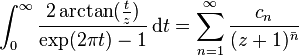 \int _{0}^{\infty }{\frac  {2\arctan({\tfrac  {t}{z}})}{\exp(2\pi t)-1}}\,{{\rm {d}}}t=\sum _{{n=1}}^{\infty }{\frac  {c_{n}}{(z+1)^{{{\bar  n}}}}}