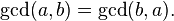 \gcd(a,b)=\gcd(b,a).\;