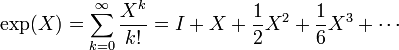 \exp(X)=\sum _{{k=0}}^{\infty }{\frac  {X^{k}}{k!}}=I+X+{\frac  {1}{2}}X^{2}+{\frac  {1}{6}}X^{3}+\cdots 